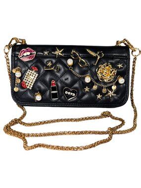 Aldo Black Quilted Faux Leather Zippy Charm Large Wallet on Chain Crossbody